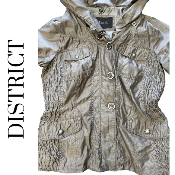 District Women’s Lightweight Jacket Ruching Detail Metallic Grey Brown Medium - Picture 3 of 7
